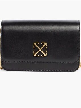 Off-White Black Leather Mini Shoulder Bag with Gold Logo